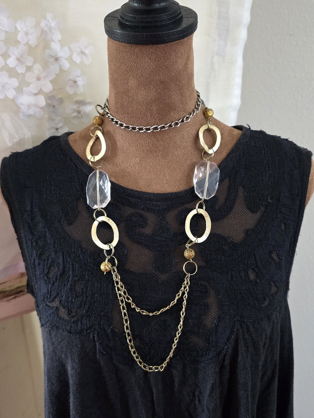 💅 Classy Long Gold-Tone Chain Statement Necklace w Clear Faceted Crystal Beads